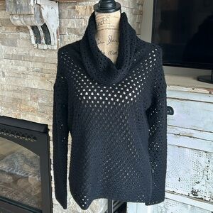 James Perse open knit long sleeve cowl neck black sweater with side slits